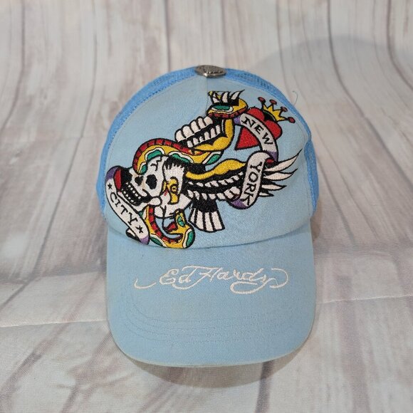 Ed Hardy Vintage Tattoo Wear Light Blue Skull Wing New York City Trucker Cap - Picture 1 of 10